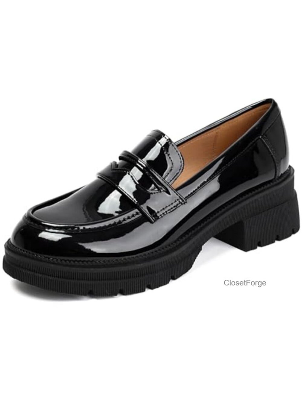 Patent Leather Chunky Platform Loafers Women Slip-On Work Shoes Block Heel